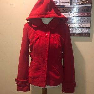 Tulle cute hooded Red Peacoat Jacket with detachable hood